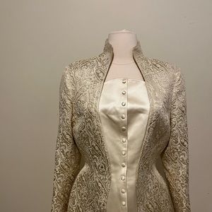 Iconic Thierry Mugler Gold & Cream Evening Print Brocade  Set with Fitted Bodice